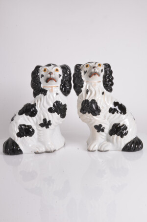 An Original Pair of Victorian Staffordshire Black & White Spaniels Number 5
